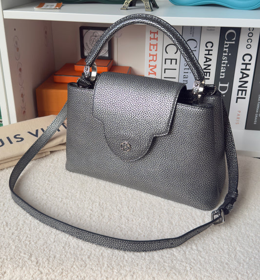Capucines PM Chrome Taurillon Metallic Leather Crossbody Bag Silver