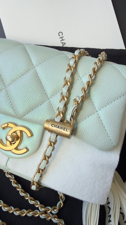 LIKE NEW 21K Iridescent Light Blue Caviar Quilted My Perfect Mini Flap Bag Aged Gold Hardware