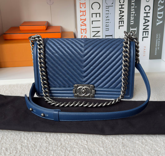 Chanel BoyCalfskin Chevron Quilted Flap/Dark Navy Blue in Old medium size
