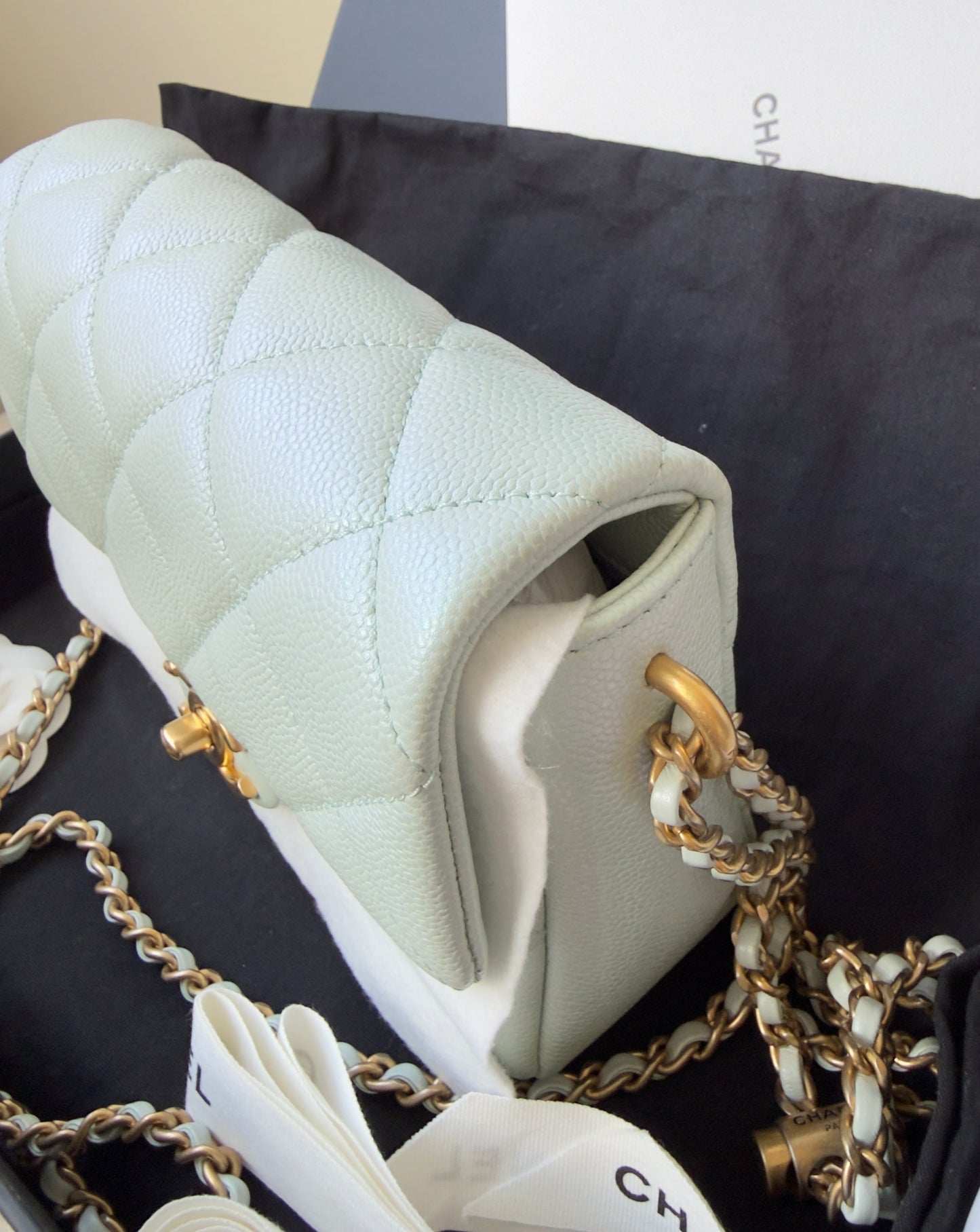 LIKE NEW 21K Iridescent Light Blue Caviar Quilted My Perfect Mini Flap Bag Aged Gold Hardware