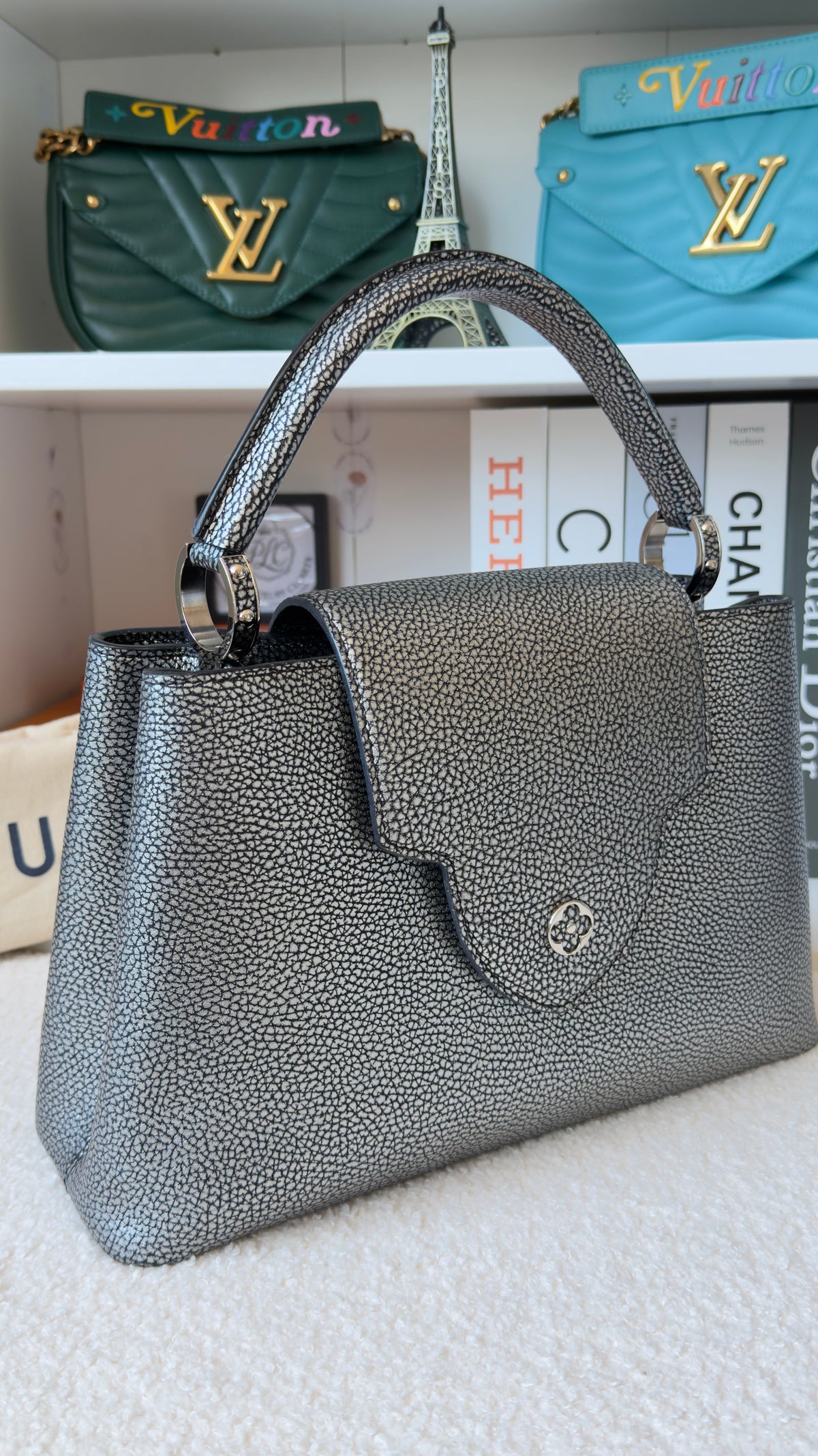 Capucines PM Chrome Taurillon Metallic Leather Crossbody Bag Silver