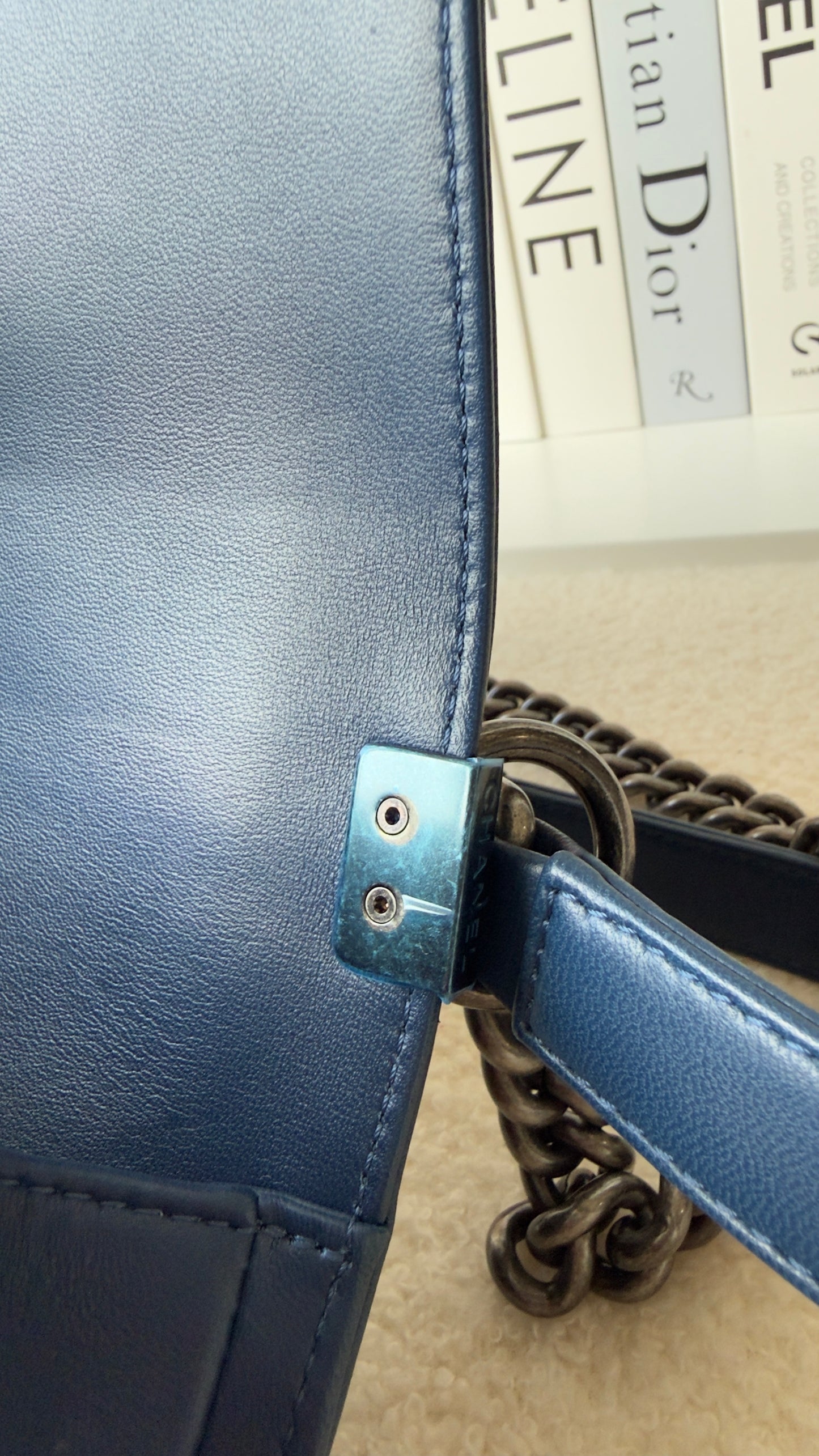 Chanel BoyCalfskin Chevron Quilted Flap/Dark Navy Blue in Old medium size