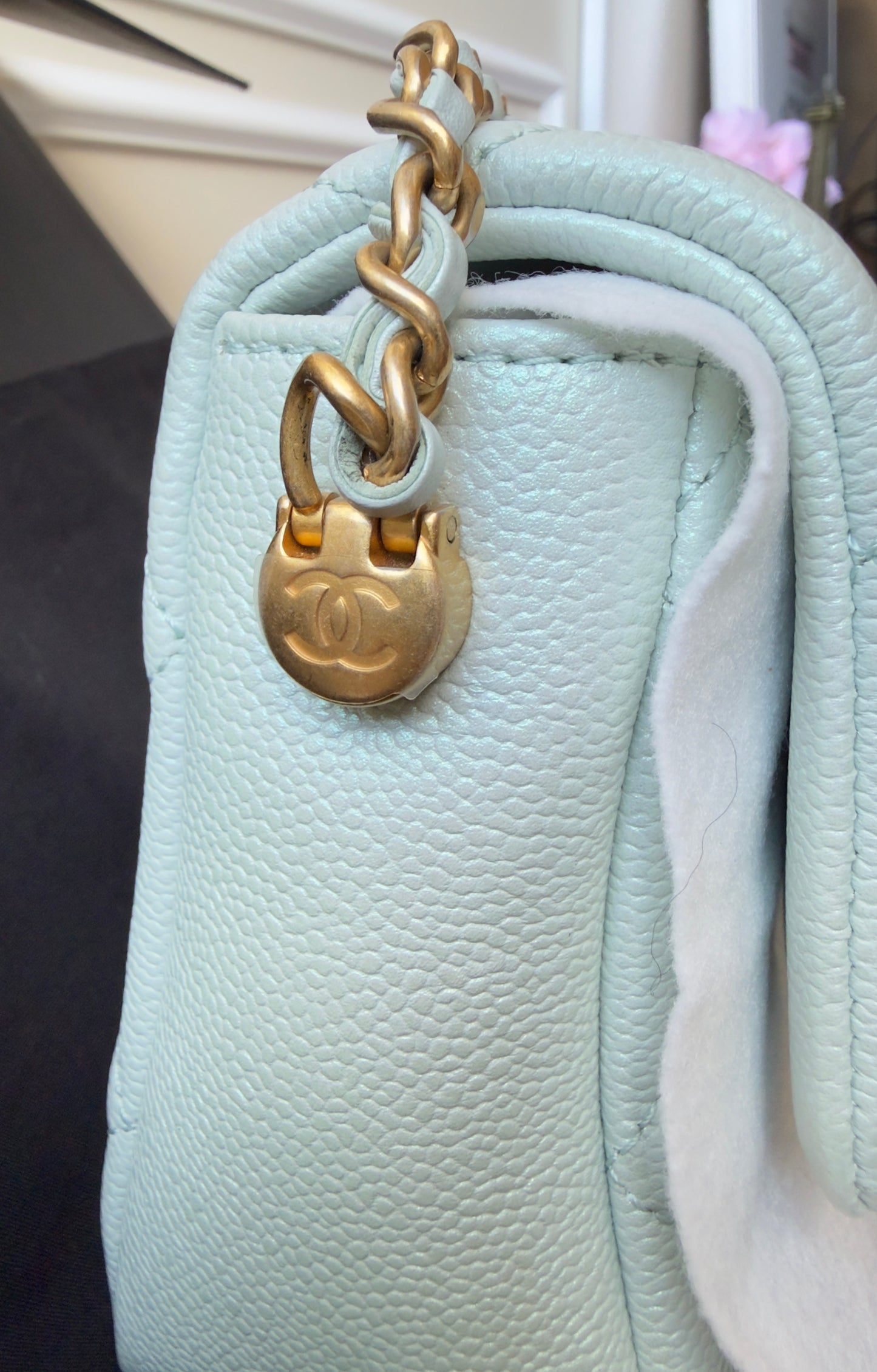 LIKE NEW 21K Iridescent Light Blue Caviar Quilted My Perfect Mini Flap Bag Aged Gold Hardware