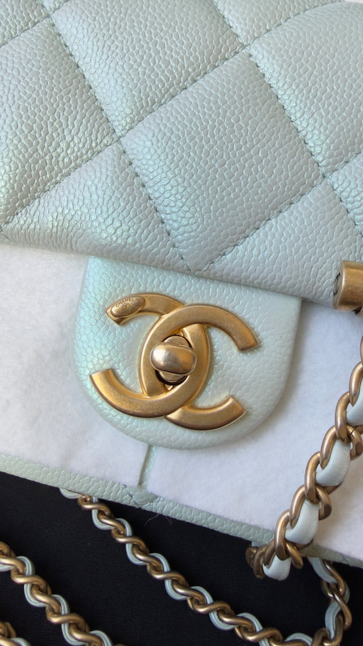LIKE NEW 21K Iridescent Light Blue Caviar Quilted My Perfect Mini Flap Bag Aged Gold Hardware