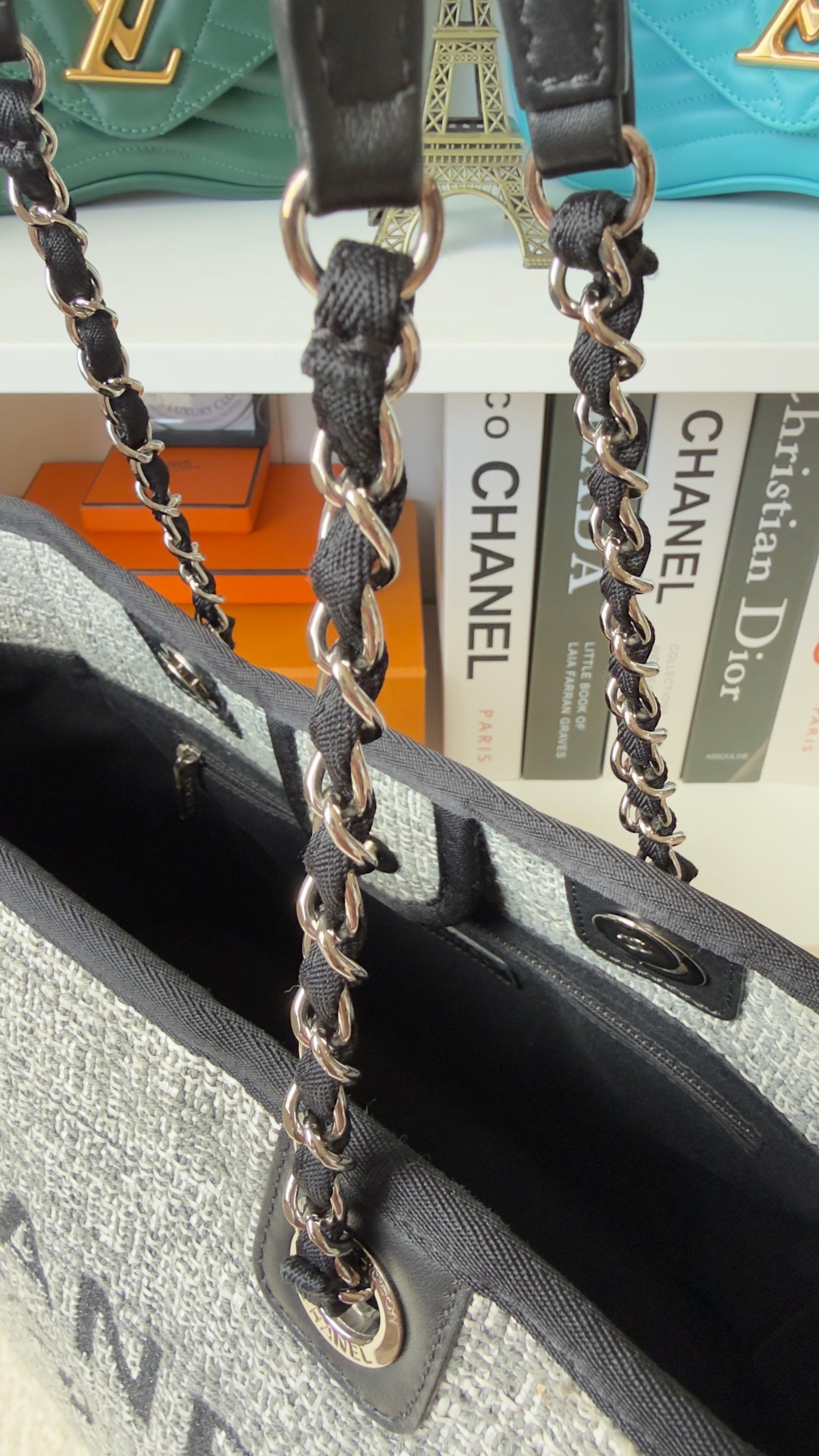 Chanel Woven Straw Raffia Small Deauville Tote Grey