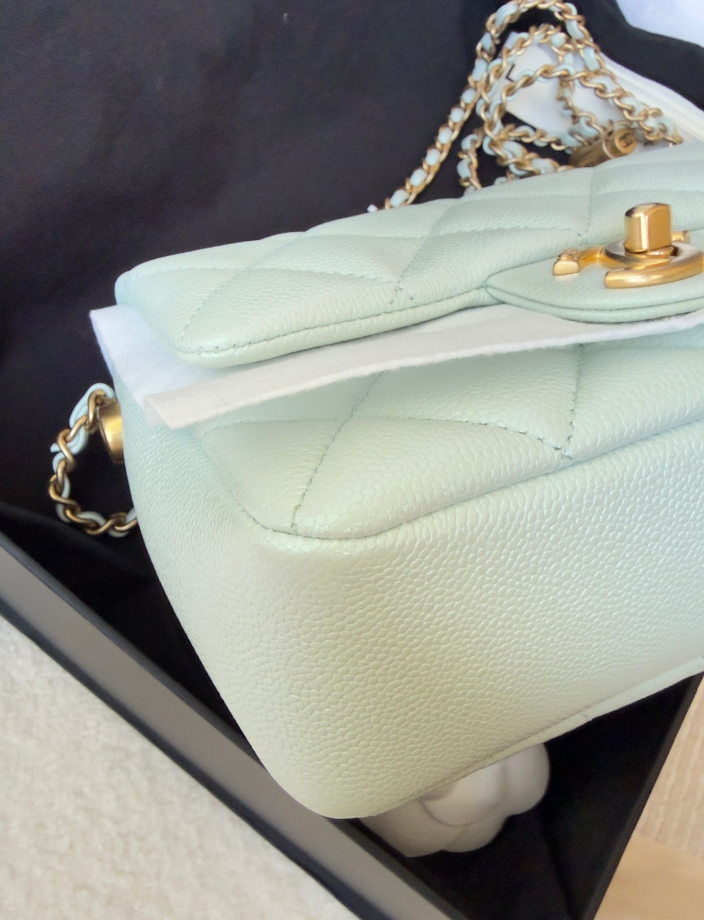 LIKE NEW 21K Iridescent Light Blue Caviar Quilted My Perfect Mini Flap Bag Aged Gold Hardware