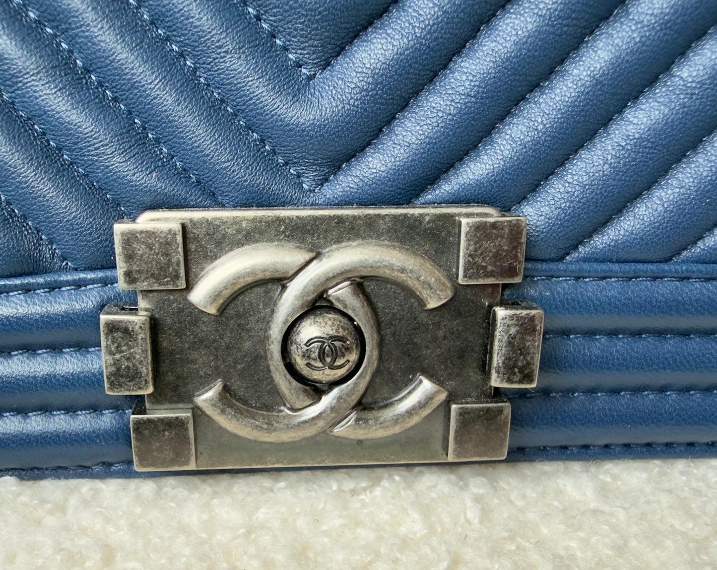 Chanel BoyCalfskin Chevron Quilted Flap/Dark Navy Blue in Old medium size