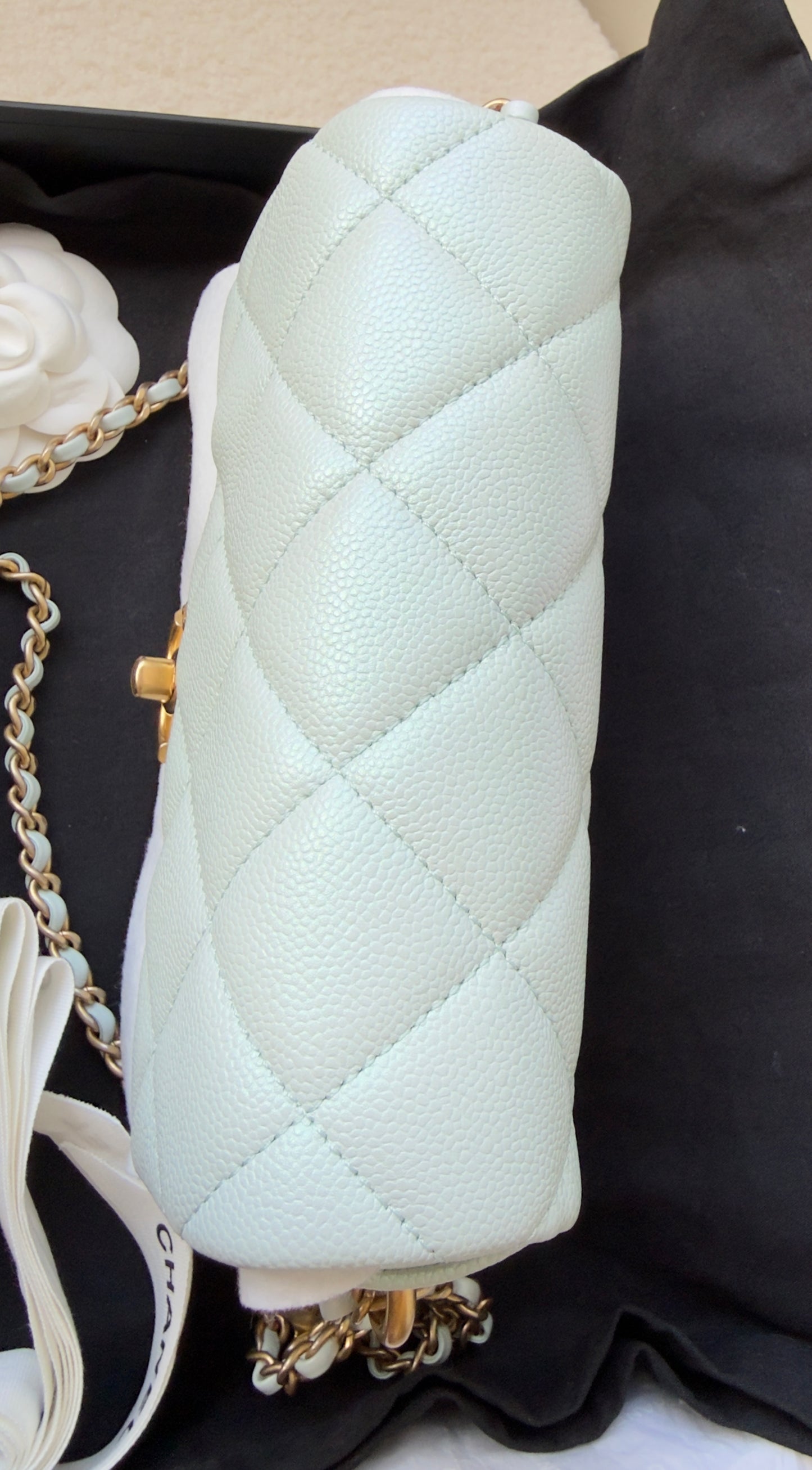 LIKE NEW 21K Iridescent Light Blue Caviar Quilted My Perfect Mini Flap Bag Aged Gold Hardware