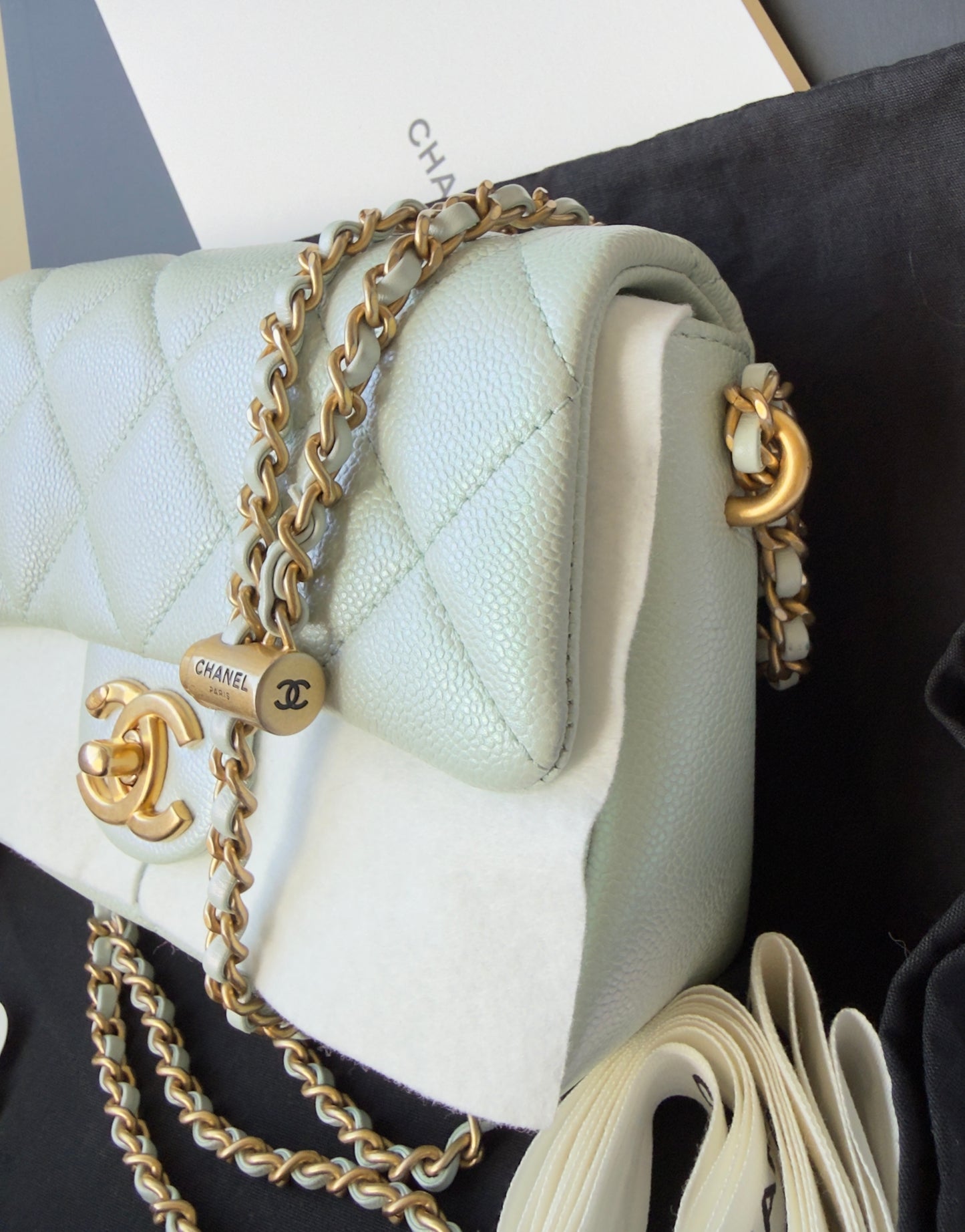LIKE NEW 21K Iridescent Light Blue Caviar Quilted My Perfect Mini Flap Bag Aged Gold Hardware