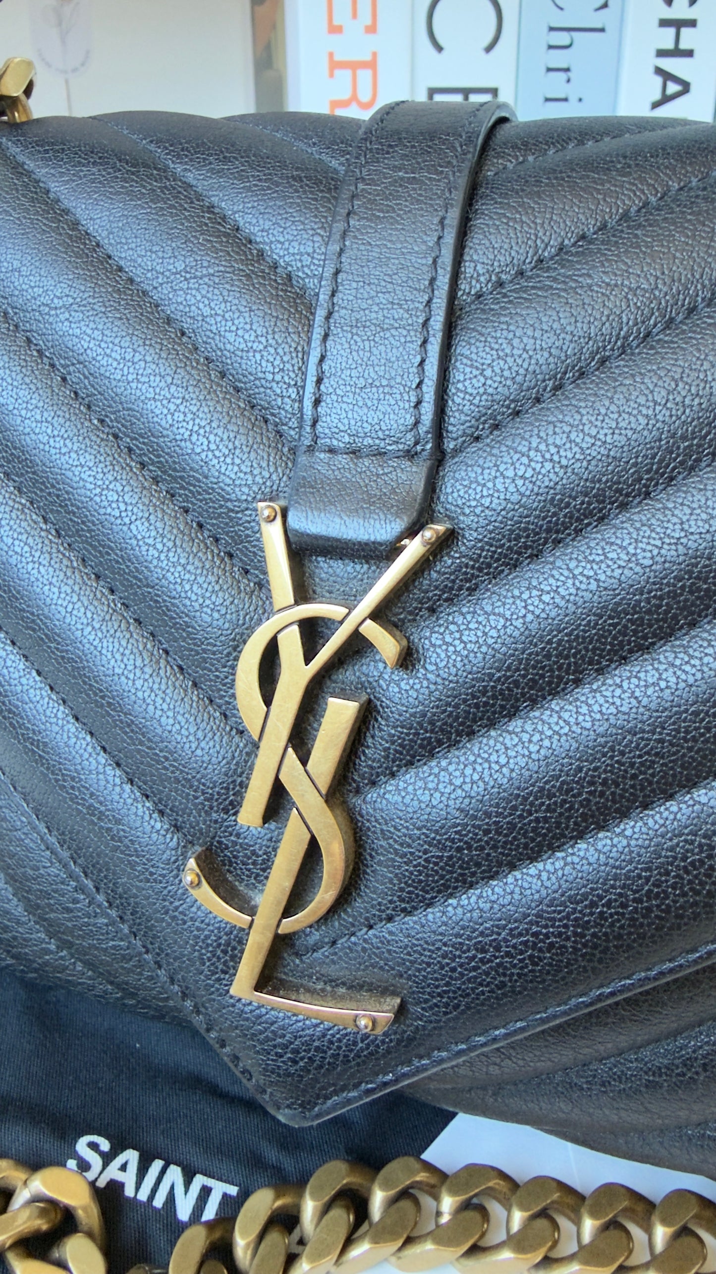 YSL SHEEPSKIN MATELASSE CHEVRON COLLEGE MEDIUM BLACK