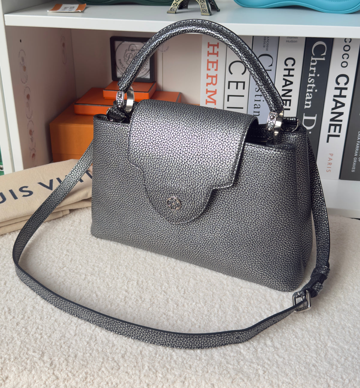 Capucines PM Chrome Taurillon Metallic Leather Crossbody Bag Silver