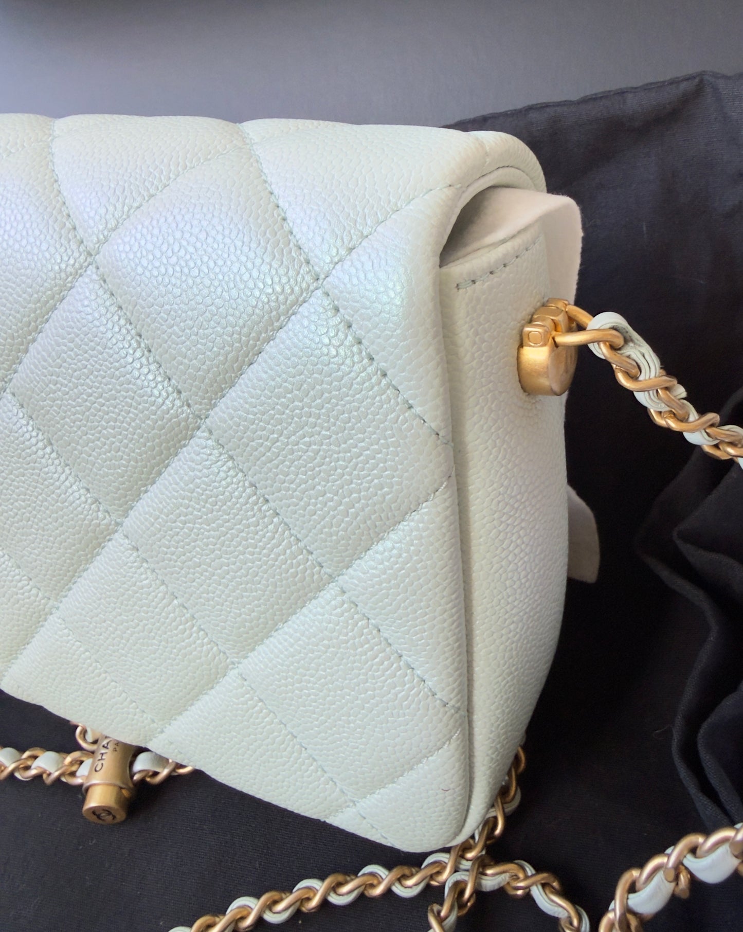 LIKE NEW 21K Iridescent Light Blue Caviar Quilted My Perfect Mini Flap Bag Aged Gold Hardware
