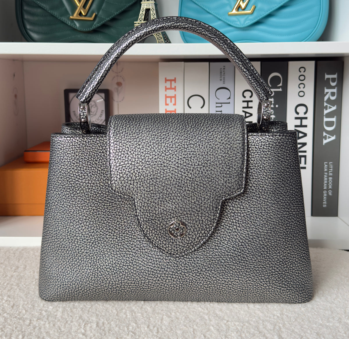Capucines PM Chrome Taurillon Metallic Leather Crossbody Bag Silver