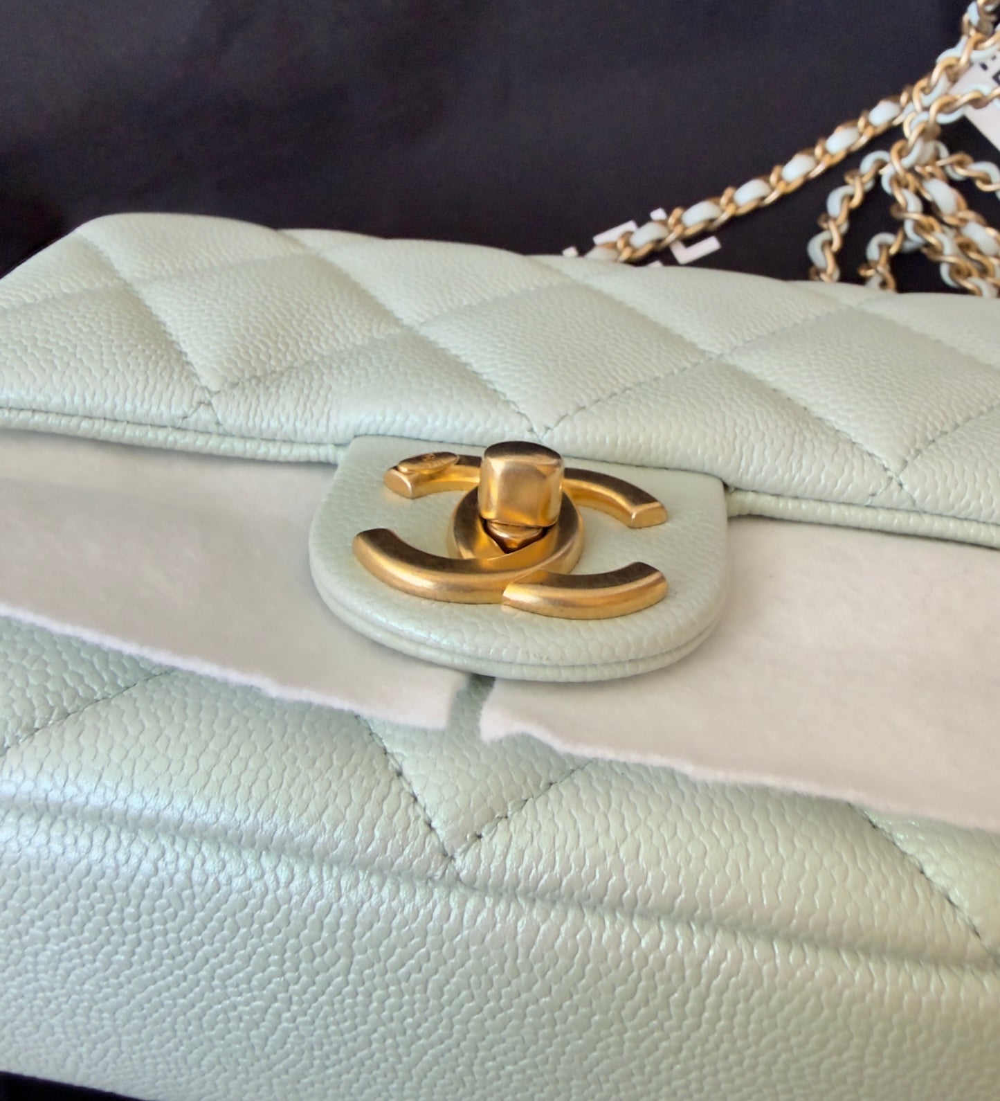 LIKE NEW 21K Iridescent Light Blue Caviar Quilted My Perfect Mini Flap Bag Aged Gold Hardware