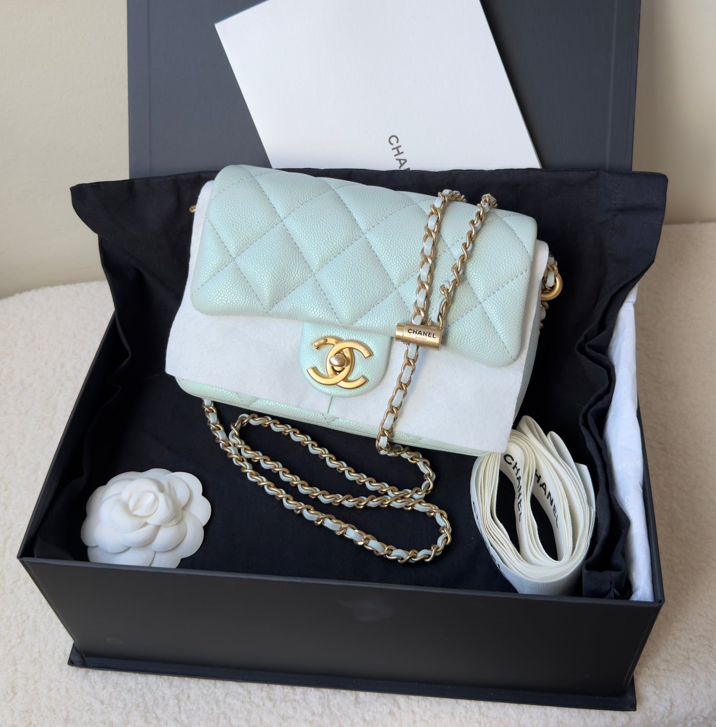 LIKE NEW 21K Iridescent Light Blue Caviar Quilted My Perfect Mini Flap Bag Aged Gold Hardware