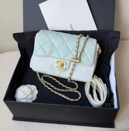 LIKE NEW 21K Iridescent Light Blue Caviar Quilted My Perfect Mini Flap Bag Aged Gold Hardware