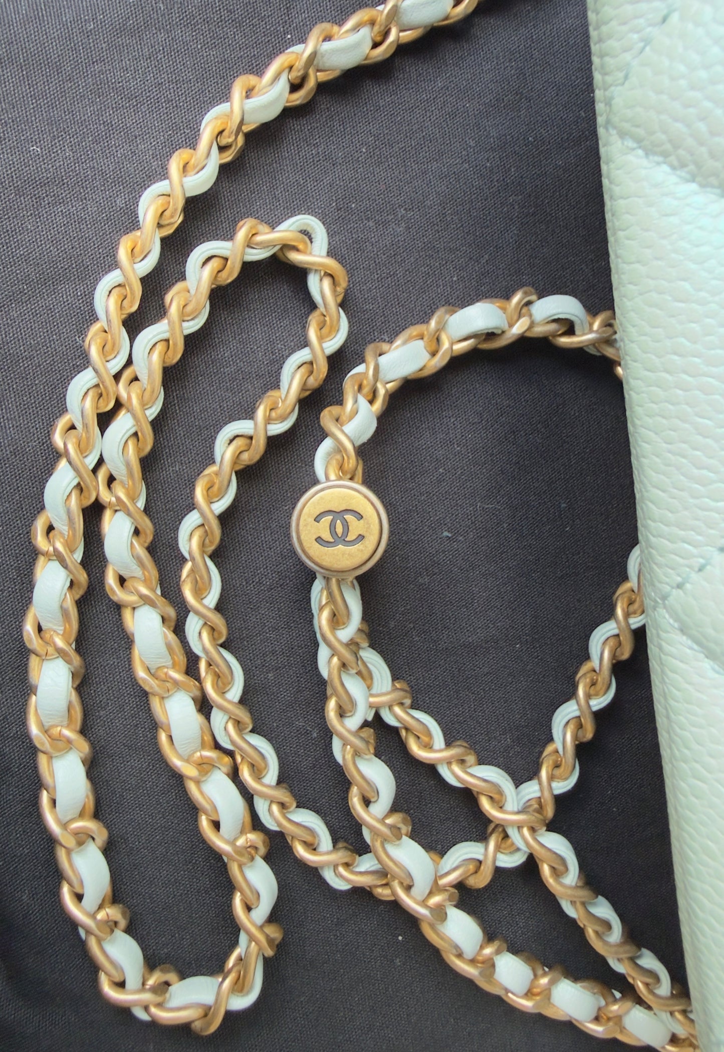 LIKE NEW 21K Iridescent Light Blue Caviar Quilted My Perfect Mini Flap Bag Aged Gold Hardware