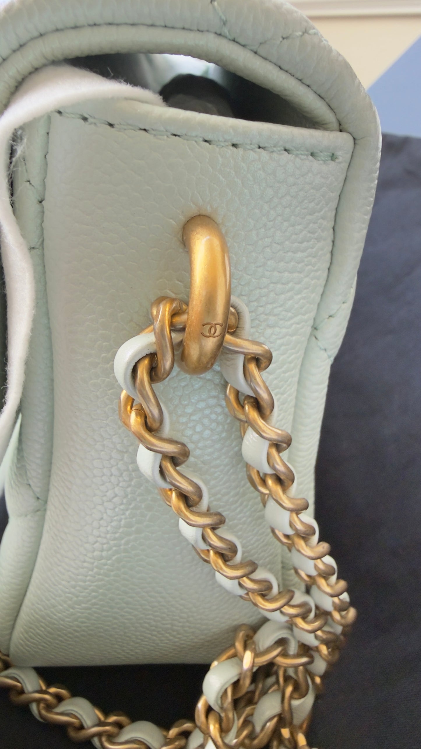 LIKE NEW 21K Iridescent Light Blue Caviar Quilted My Perfect Mini Flap Bag Aged Gold Hardware