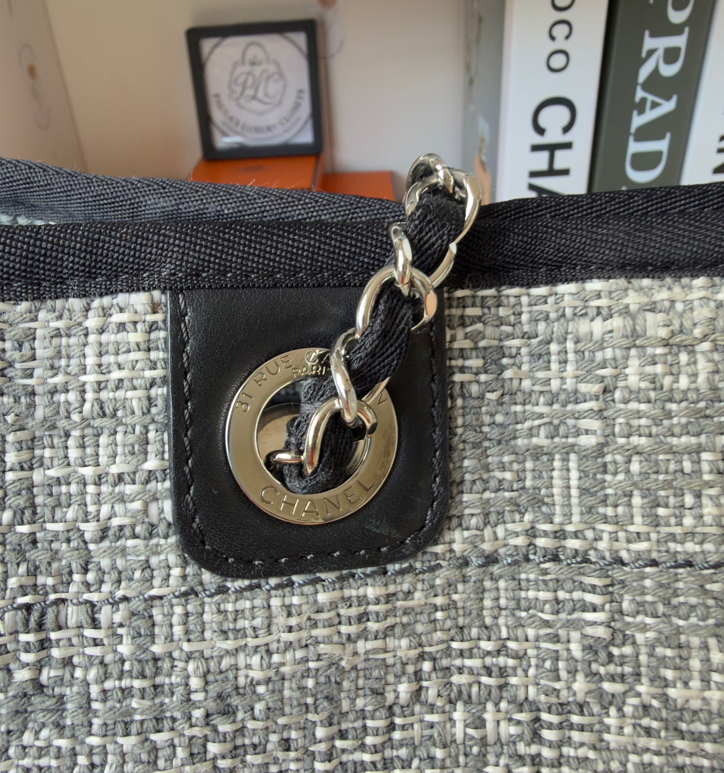 Chanel Woven Straw Raffia Small Deauville Tote Grey