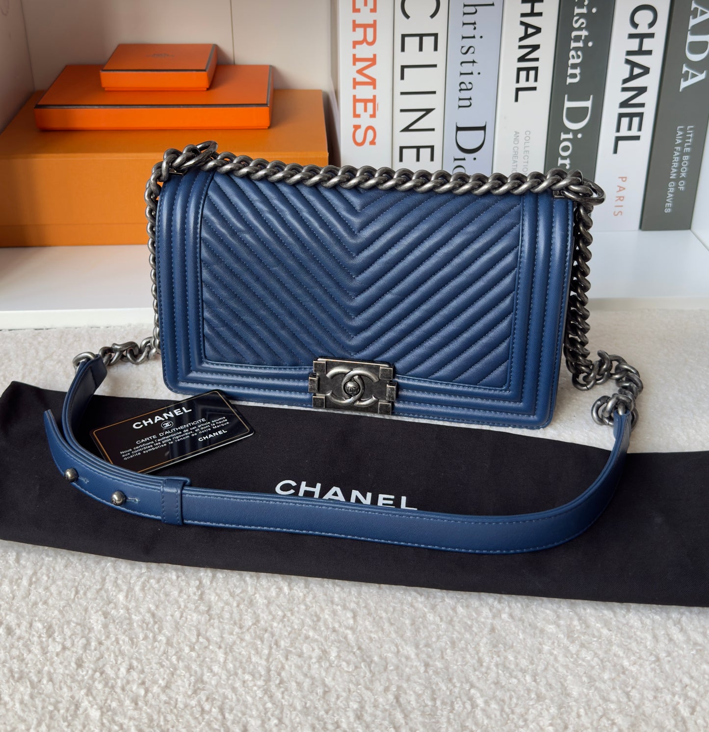 Chanel BoyCalfskin Chevron Quilted Flap/Dark Navy Blue in Old medium size
