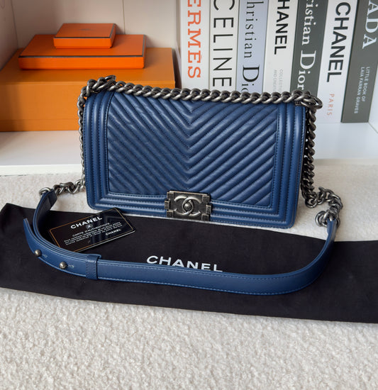 Chanel BoyCalfskin Chevron Quilted Flap/Dark Navy Blue in Old medium size