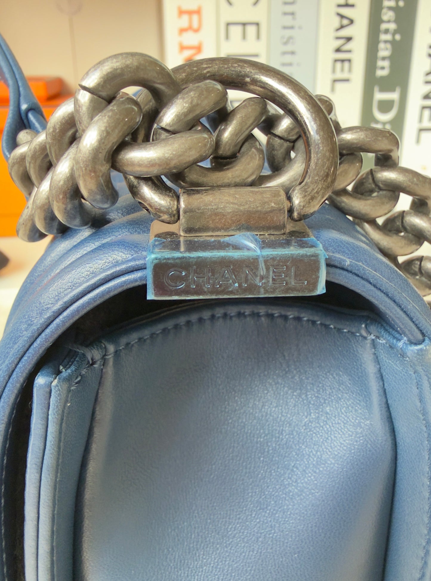 Chanel BoyCalfskin Chevron Quilted Flap/Dark Navy Blue in Old medium size