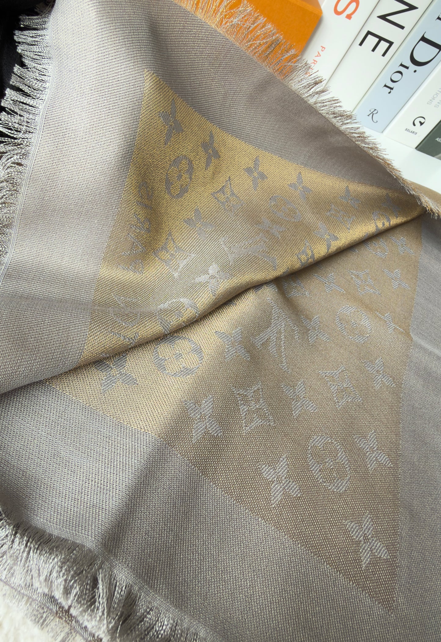BRAND NEW MONOGRAM SHAWL SHINE/GREIGE