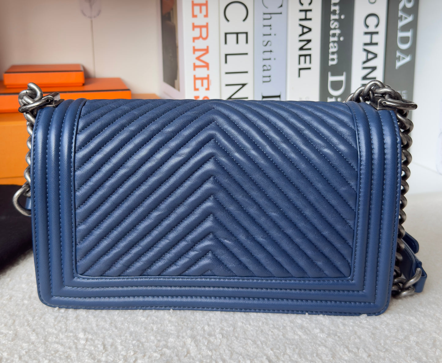 Chanel BoyCalfskin Chevron Quilted Flap/Dark Navy Blue in Old medium size