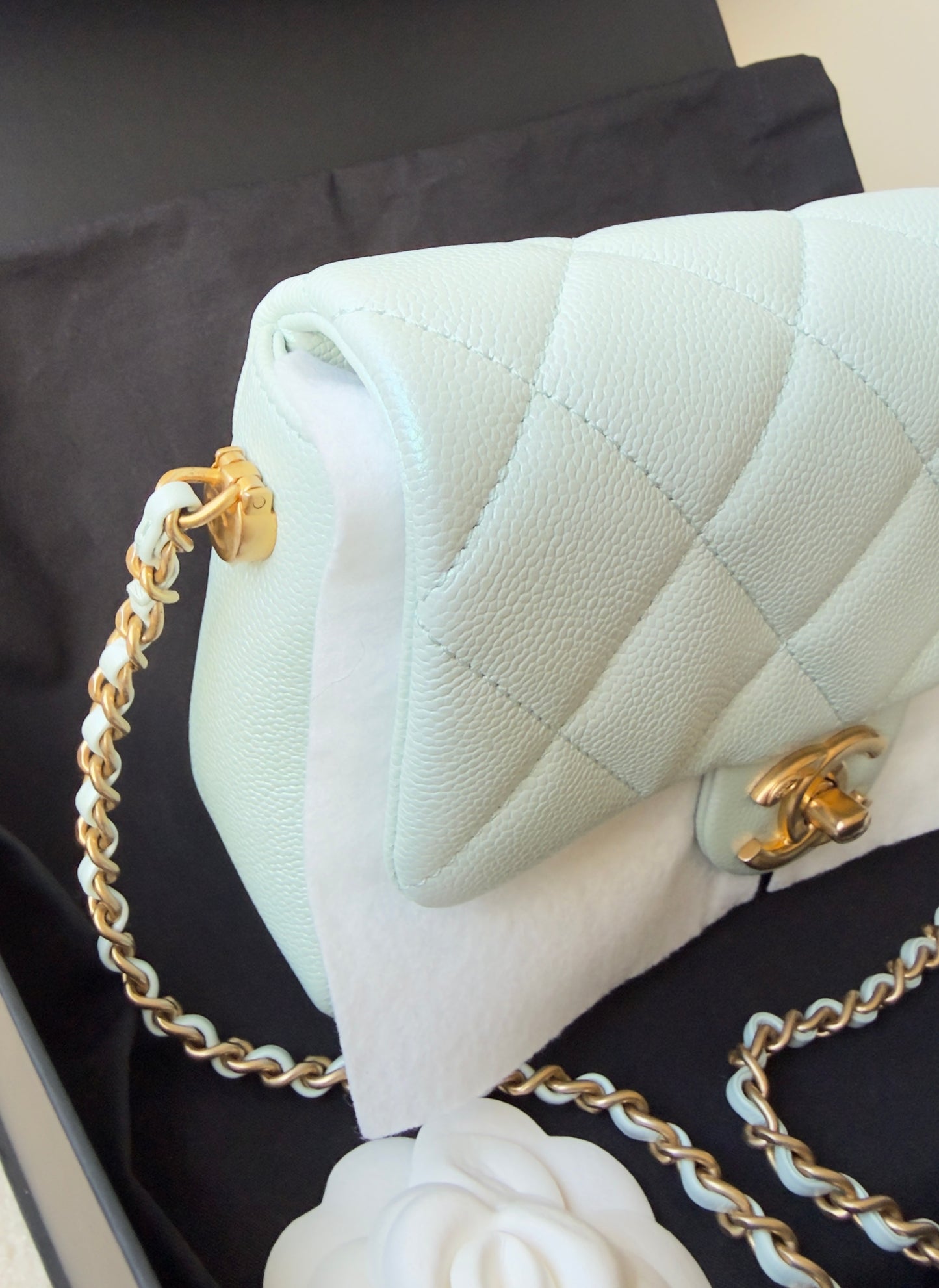 LIKE NEW 21K Iridescent Light Blue Caviar Quilted My Perfect Mini Flap Bag Aged Gold Hardware