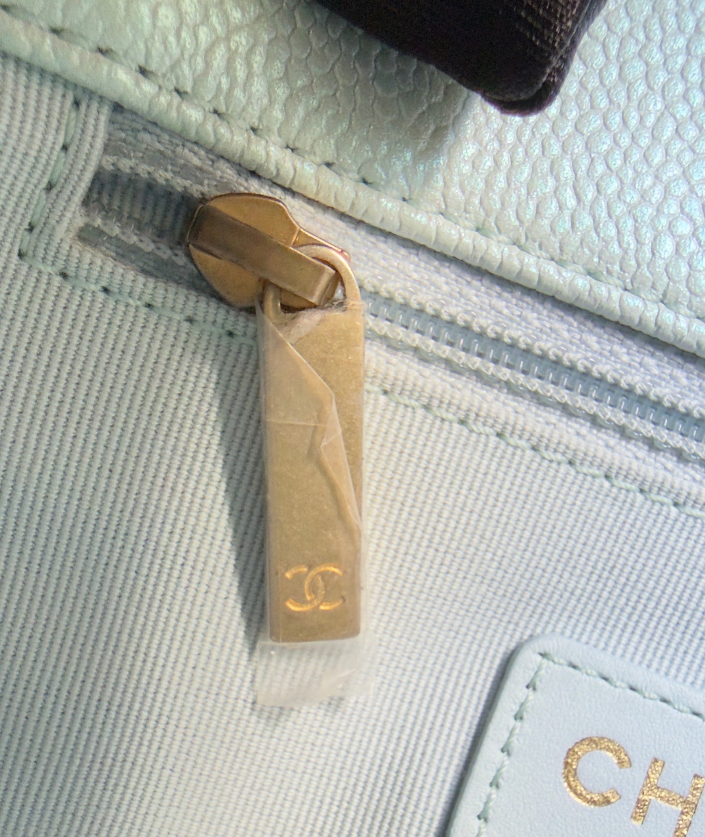 LIKE NEW 21K Iridescent Light Blue Caviar Quilted My Perfect Mini Flap Bag Aged Gold Hardware