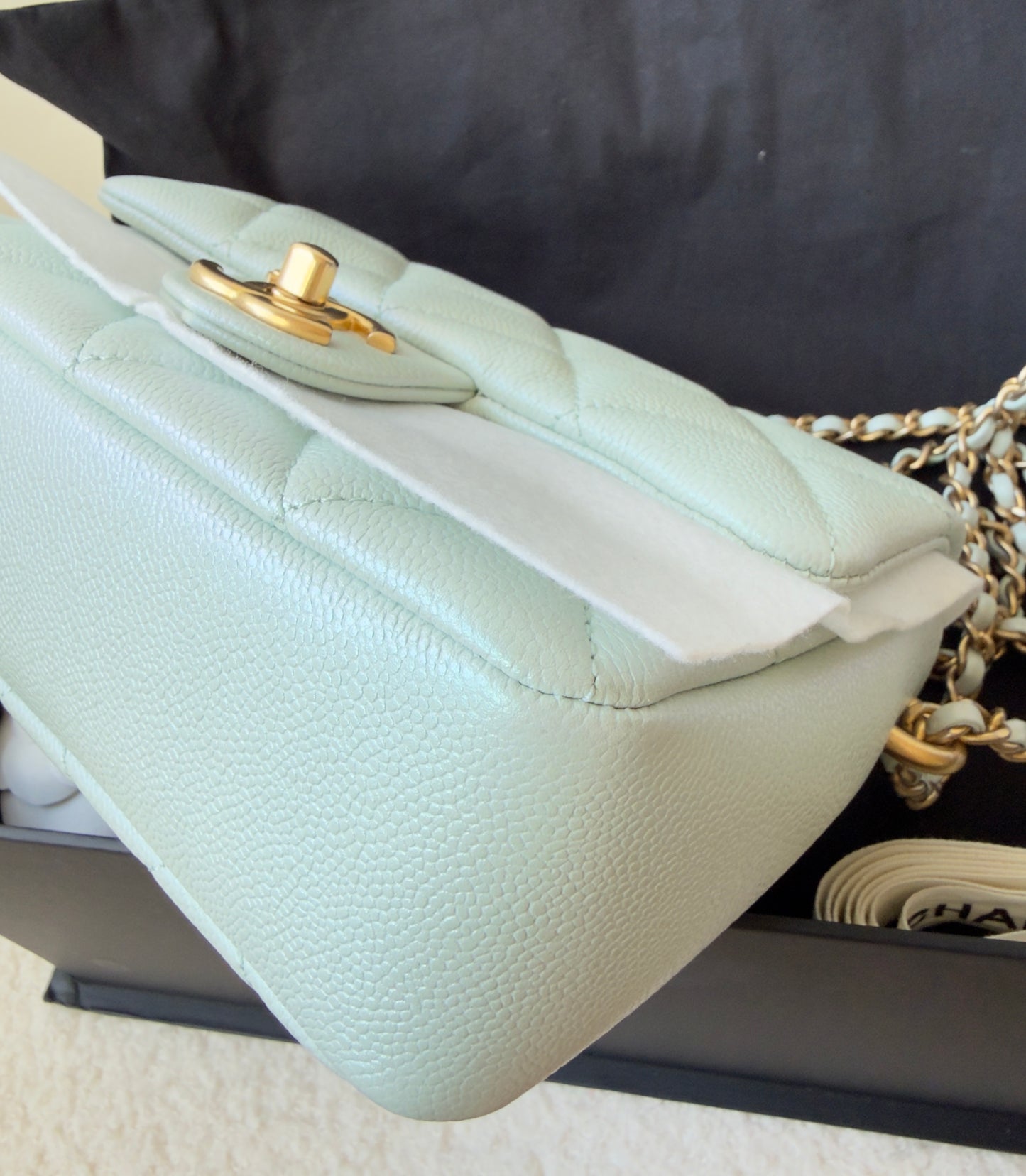 LIKE NEW 21K Iridescent Light Blue Caviar Quilted My Perfect Mini Flap Bag Aged Gold Hardware