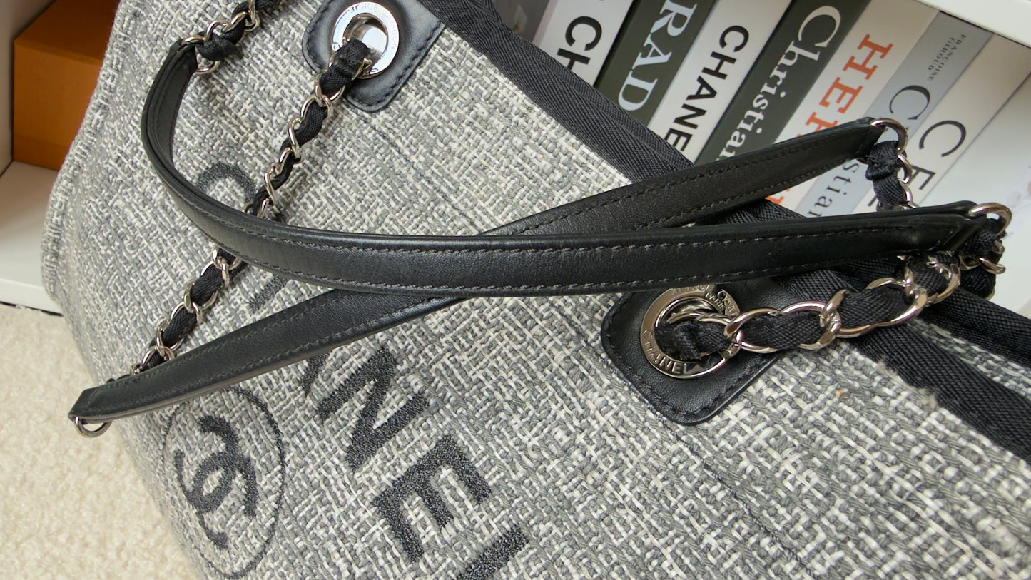 Chanel Woven Straw Raffia Small Deauville Tote Grey
