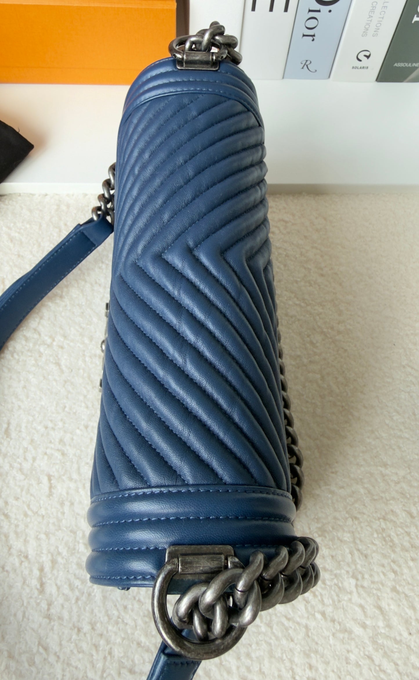Chanel BoyCalfskin Chevron Quilted Flap/Dark Navy Blue in Old medium size