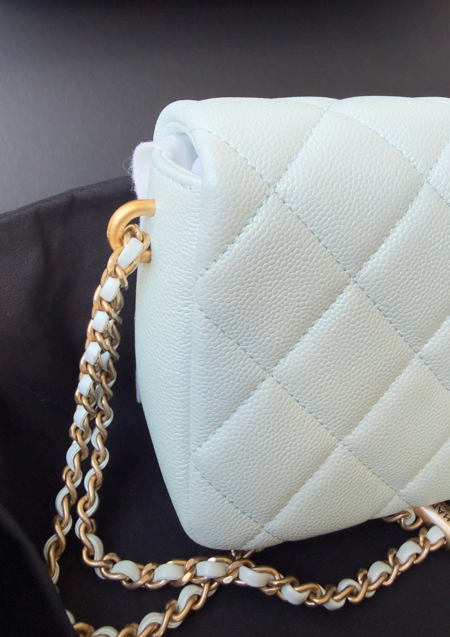 LIKE NEW 21K Iridescent Light Blue Caviar Quilted My Perfect Mini Flap Bag Aged Gold Hardware