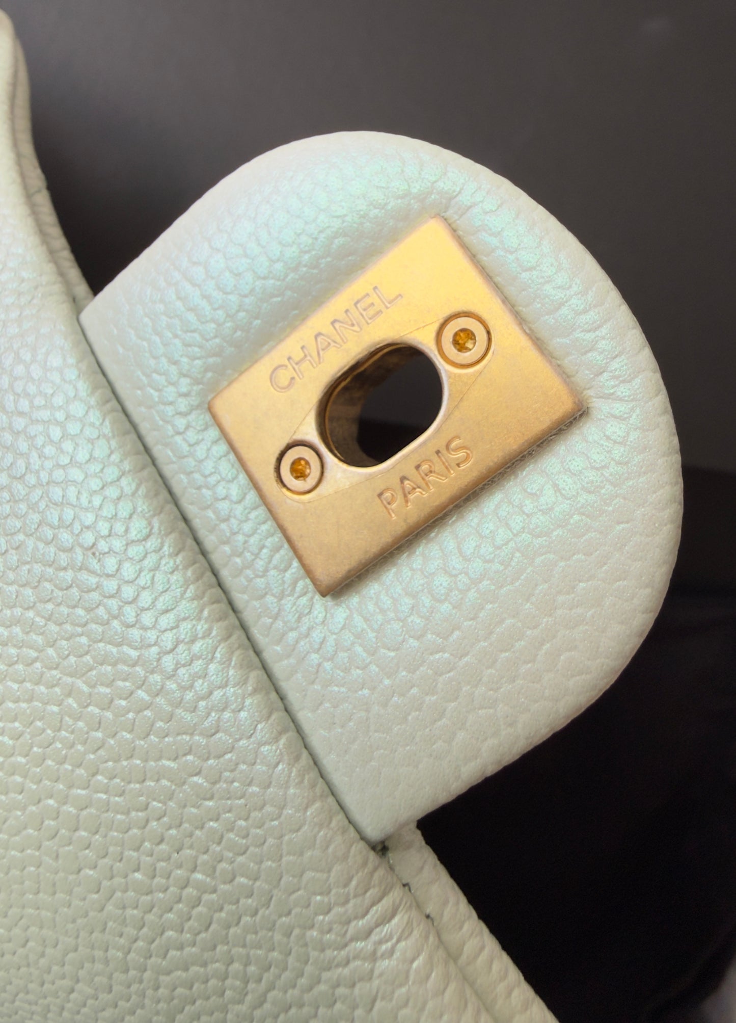 LIKE NEW 21K Iridescent Light Blue Caviar Quilted My Perfect Mini Flap Bag Aged Gold Hardware