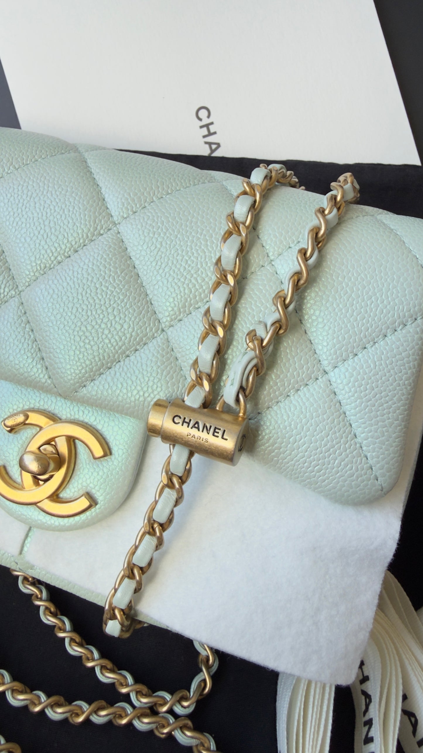 LIKE NEW 21K Iridescent Light Blue Caviar Quilted My Perfect Mini Flap Bag Aged Gold Hardware