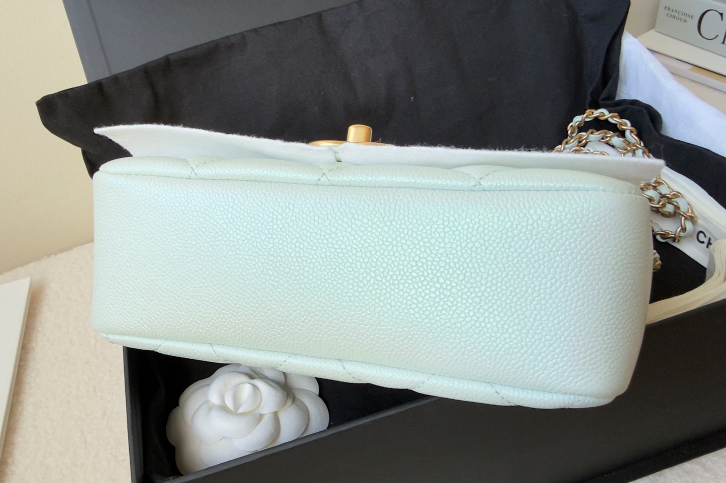 LIKE NEW 21K Iridescent Light Blue Caviar Quilted My Perfect Mini Flap Bag Aged Gold Hardware