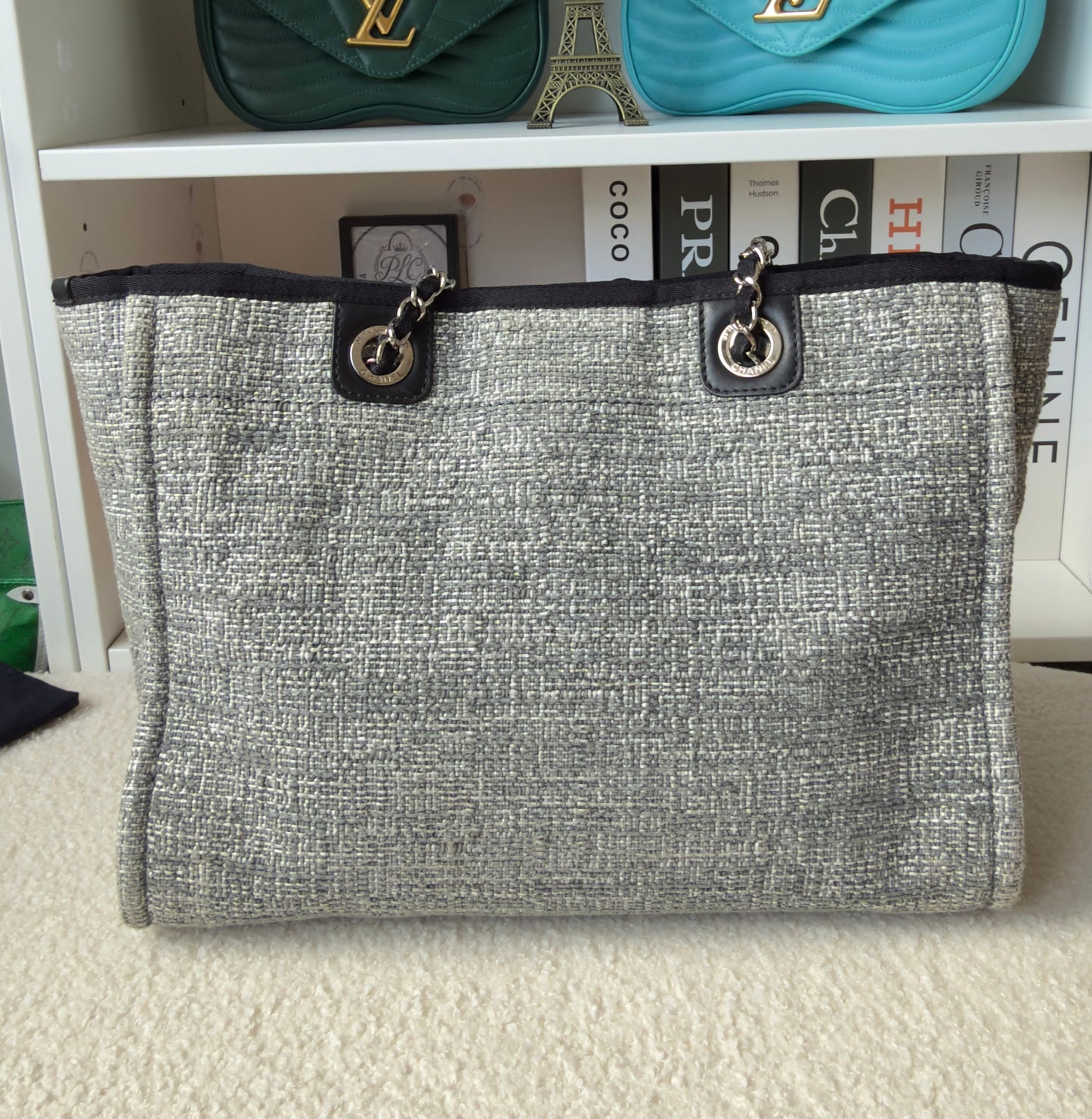Chanel Woven Straw Raffia Small Deauville Tote Grey