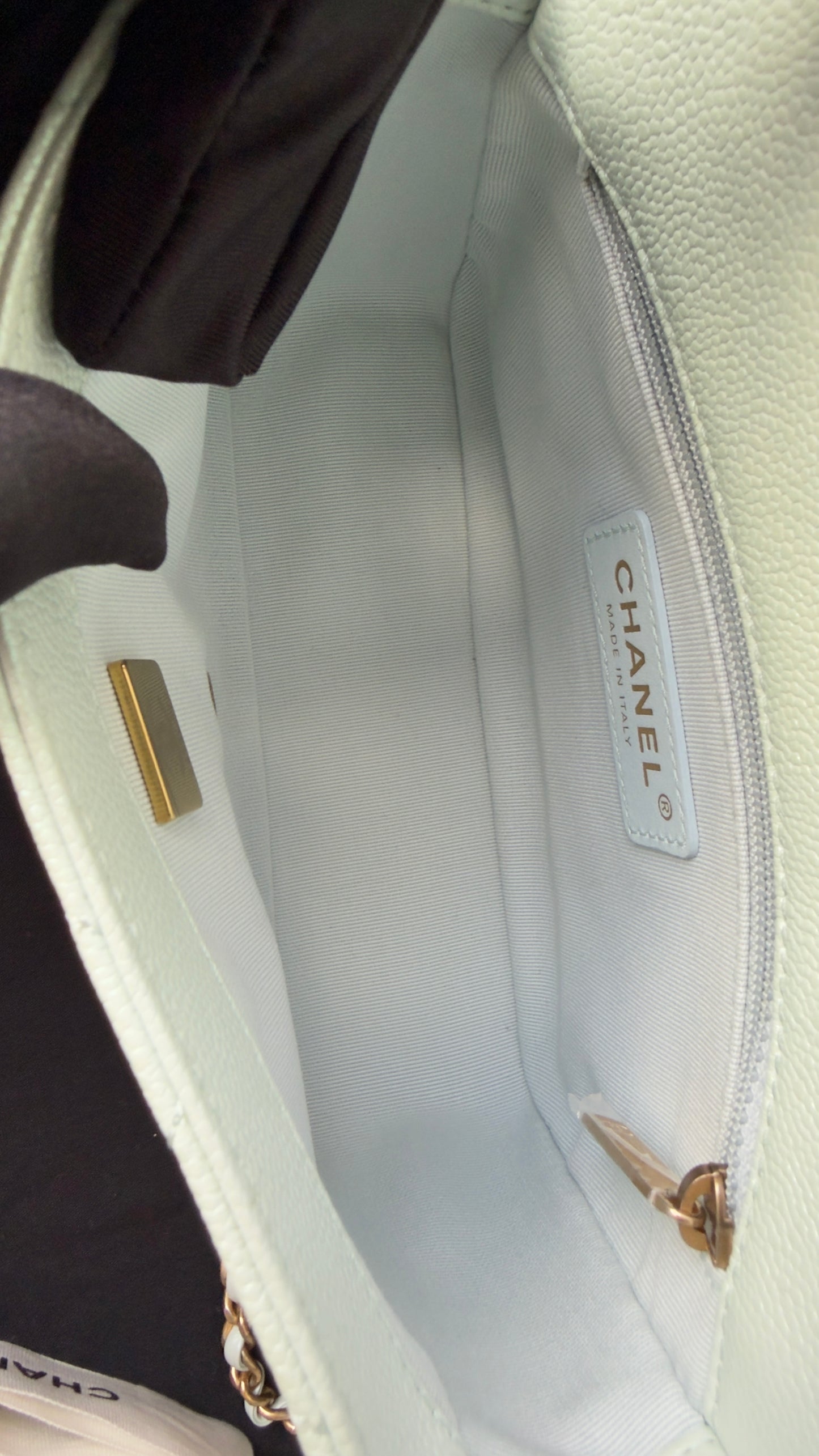 LIKE NEW 21K Iridescent Light Blue Caviar Quilted My Perfect Mini Flap Bag Aged Gold Hardware