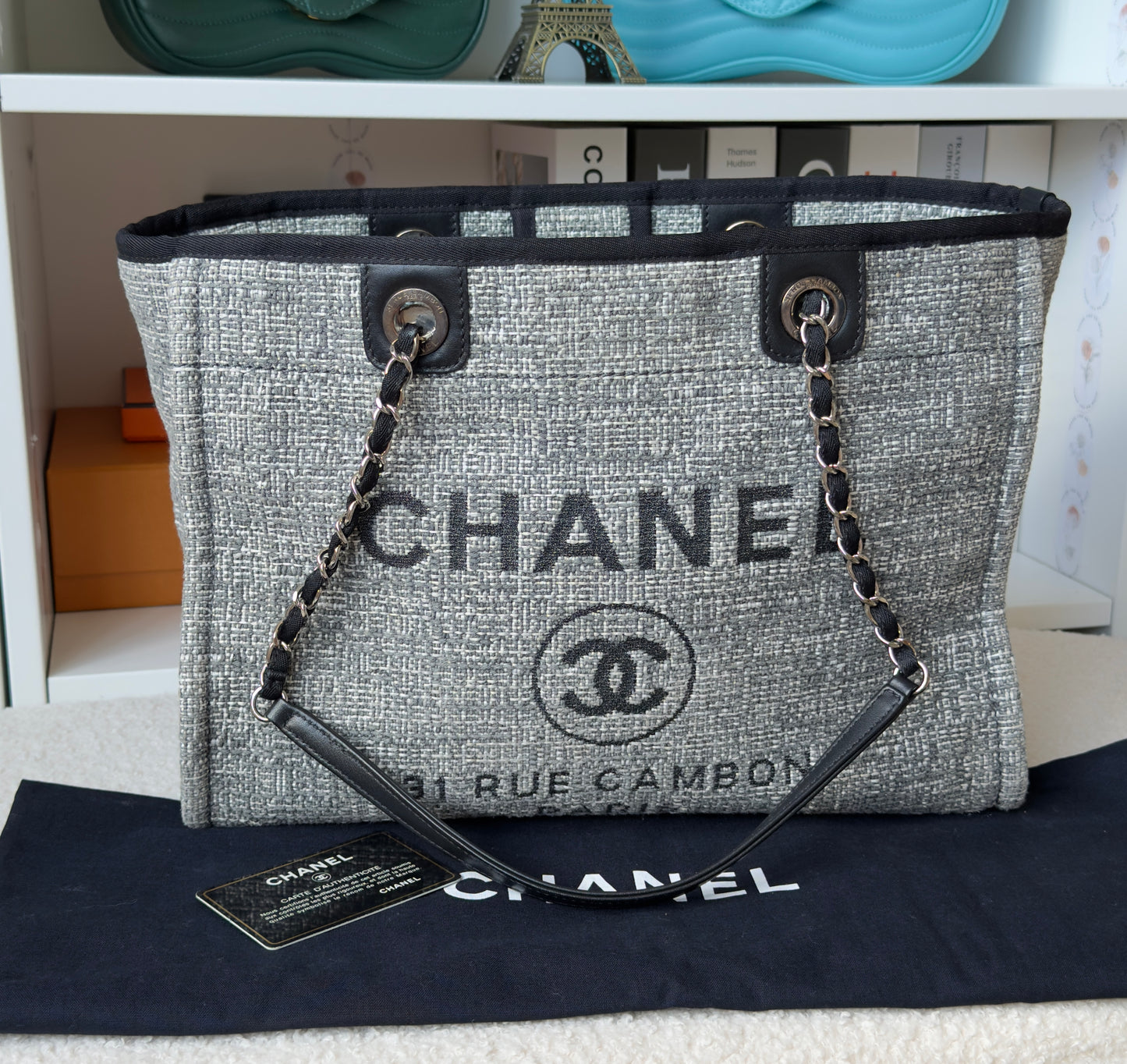 Chanel Woven Straw Raffia Small Deauville Tote Grey
