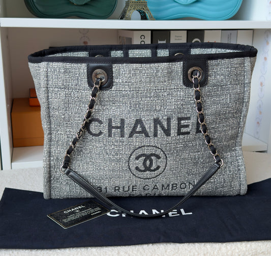 Chanel Woven Straw Raffia Small Deauville Tote Grey