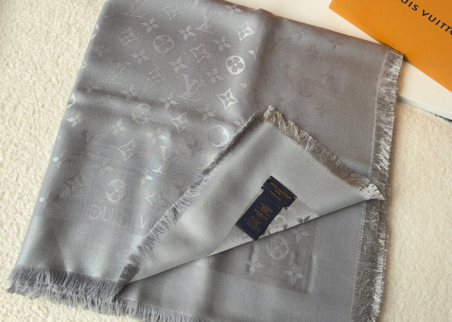 BRAND NEW MONOGRAM SHAWL SHINE/PEARL GREY