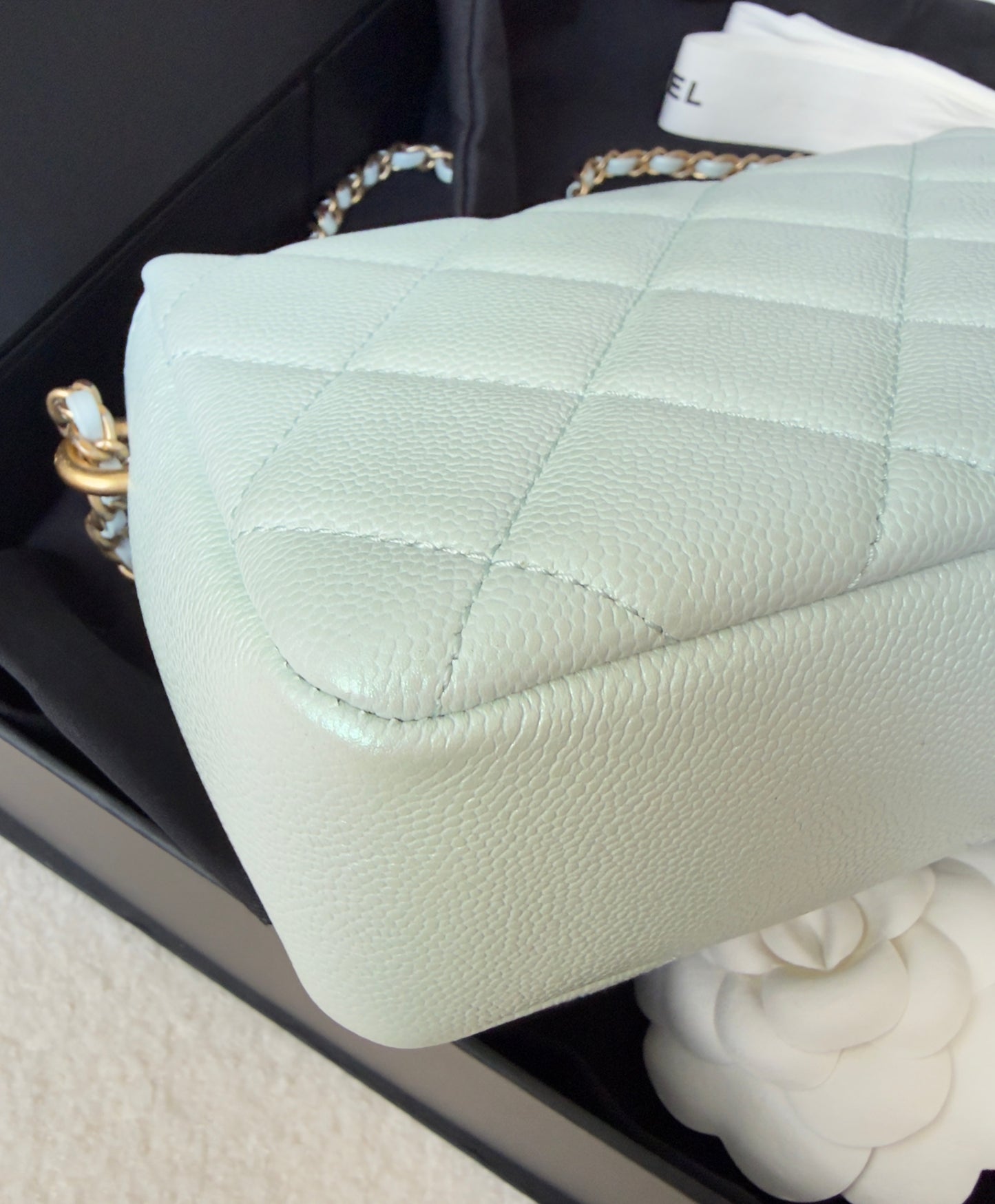 LIKE NEW 21K Iridescent Light Blue Caviar Quilted My Perfect Mini Flap Bag Aged Gold Hardware