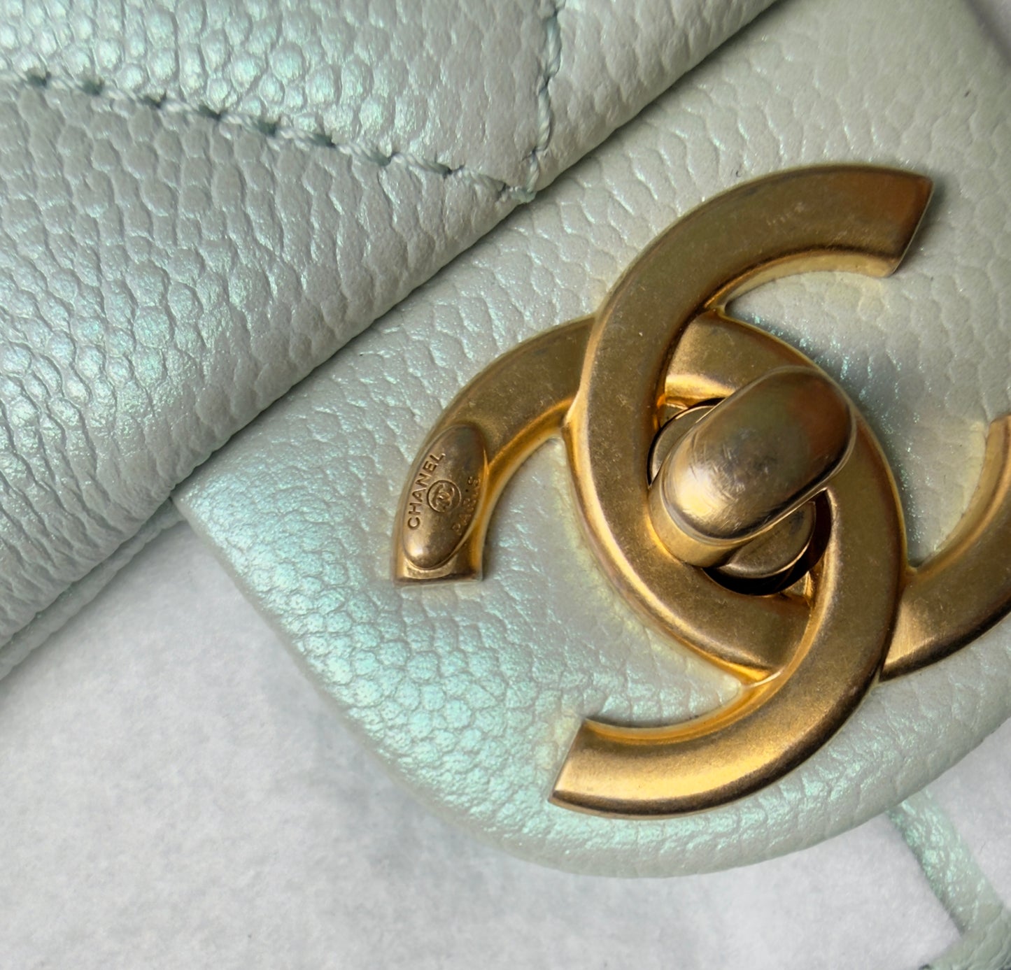 LIKE NEW 21K Iridescent Light Blue Caviar Quilted My Perfect Mini Flap Bag Aged Gold Hardware