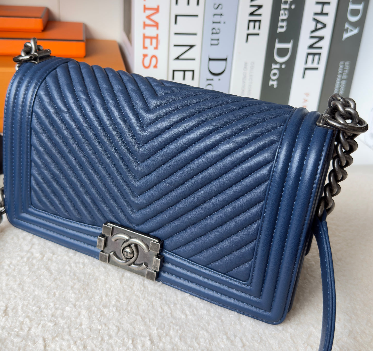 Chanel BoyCalfskin Chevron Quilted Flap/Dark Navy Blue in Old medium size