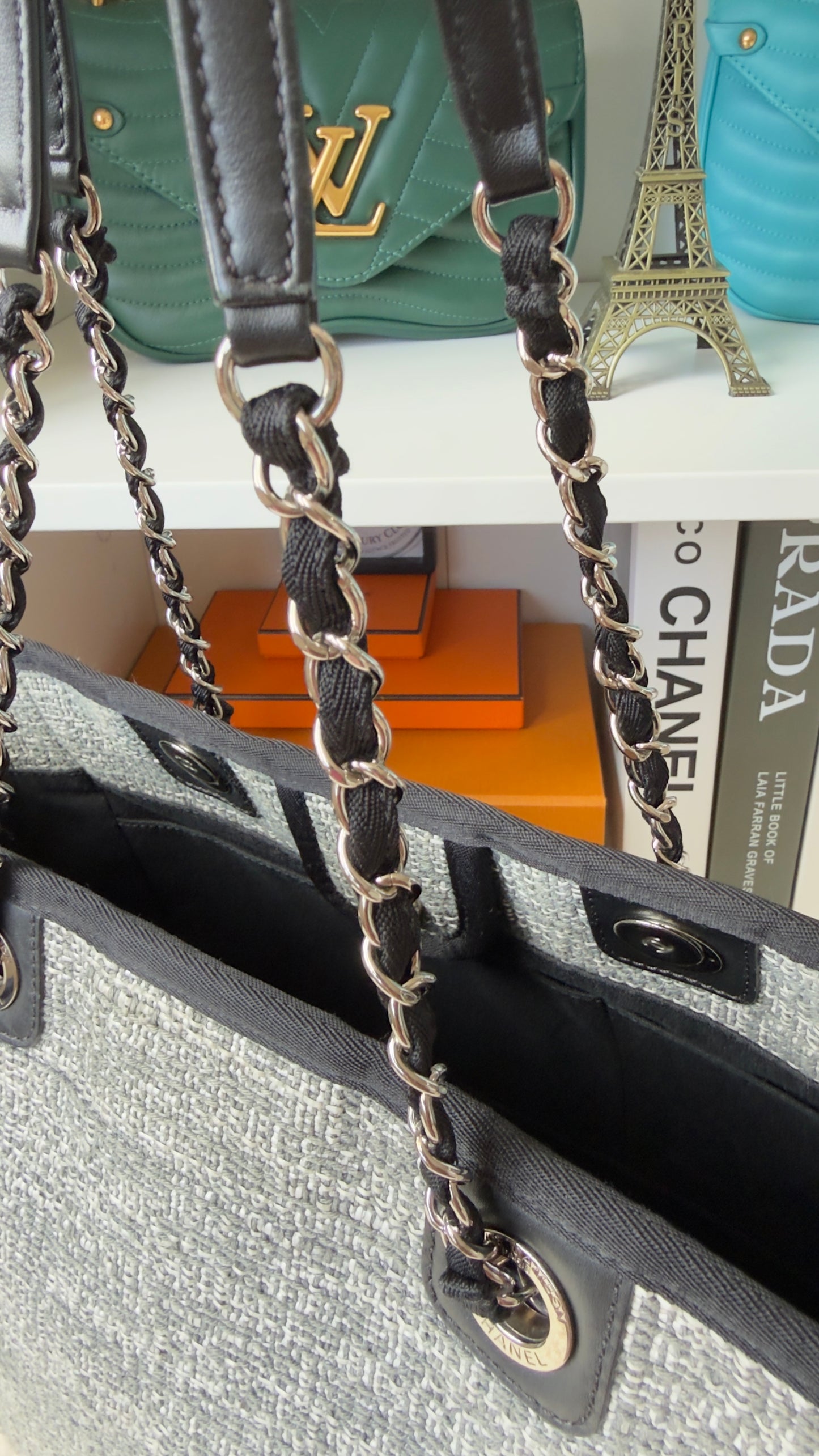Chanel Woven Straw Raffia Small Deauville Tote Grey