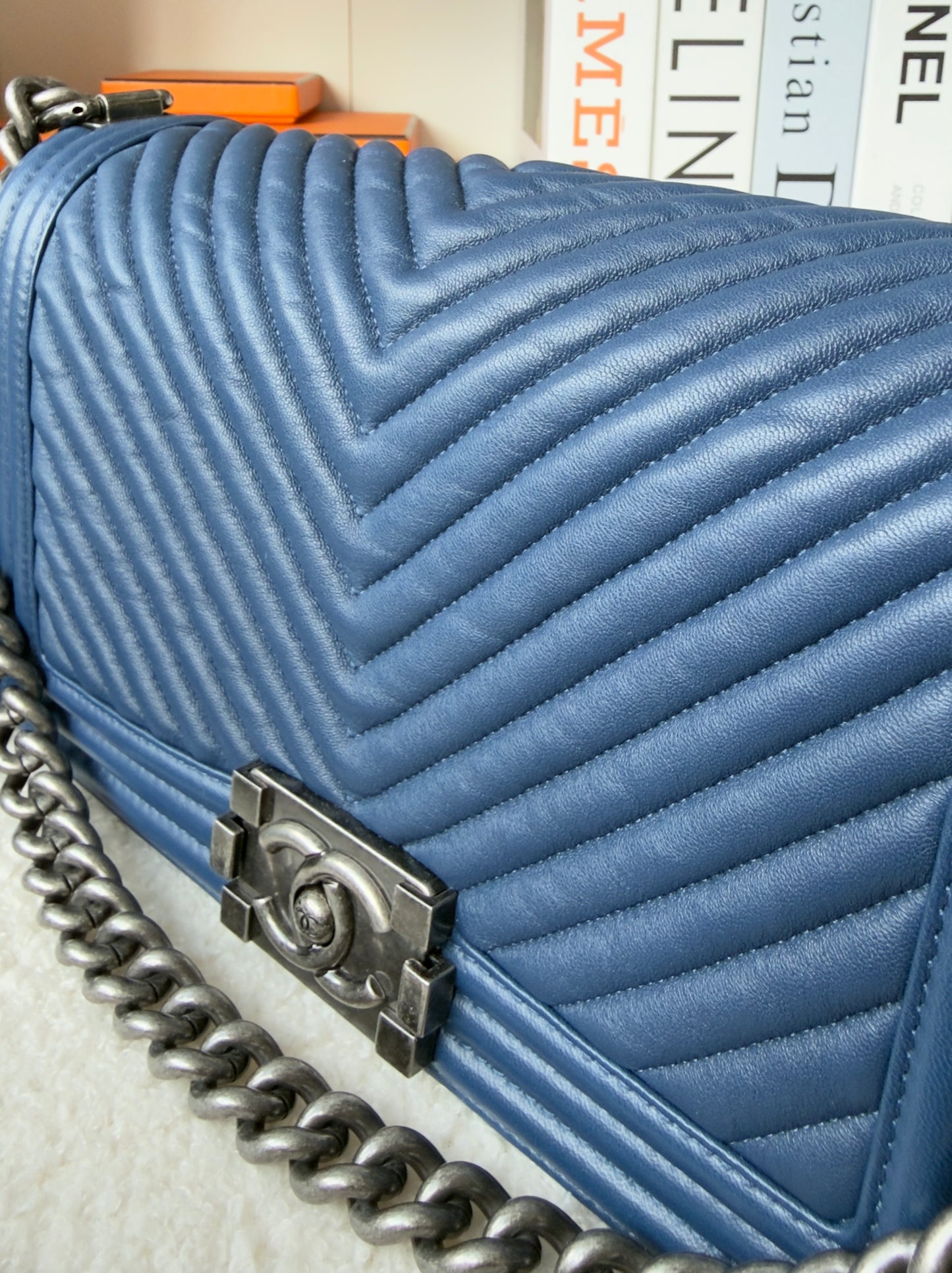 Chanel BoyCalfskin Chevron Quilted Flap/Dark Navy Blue in Old medium size