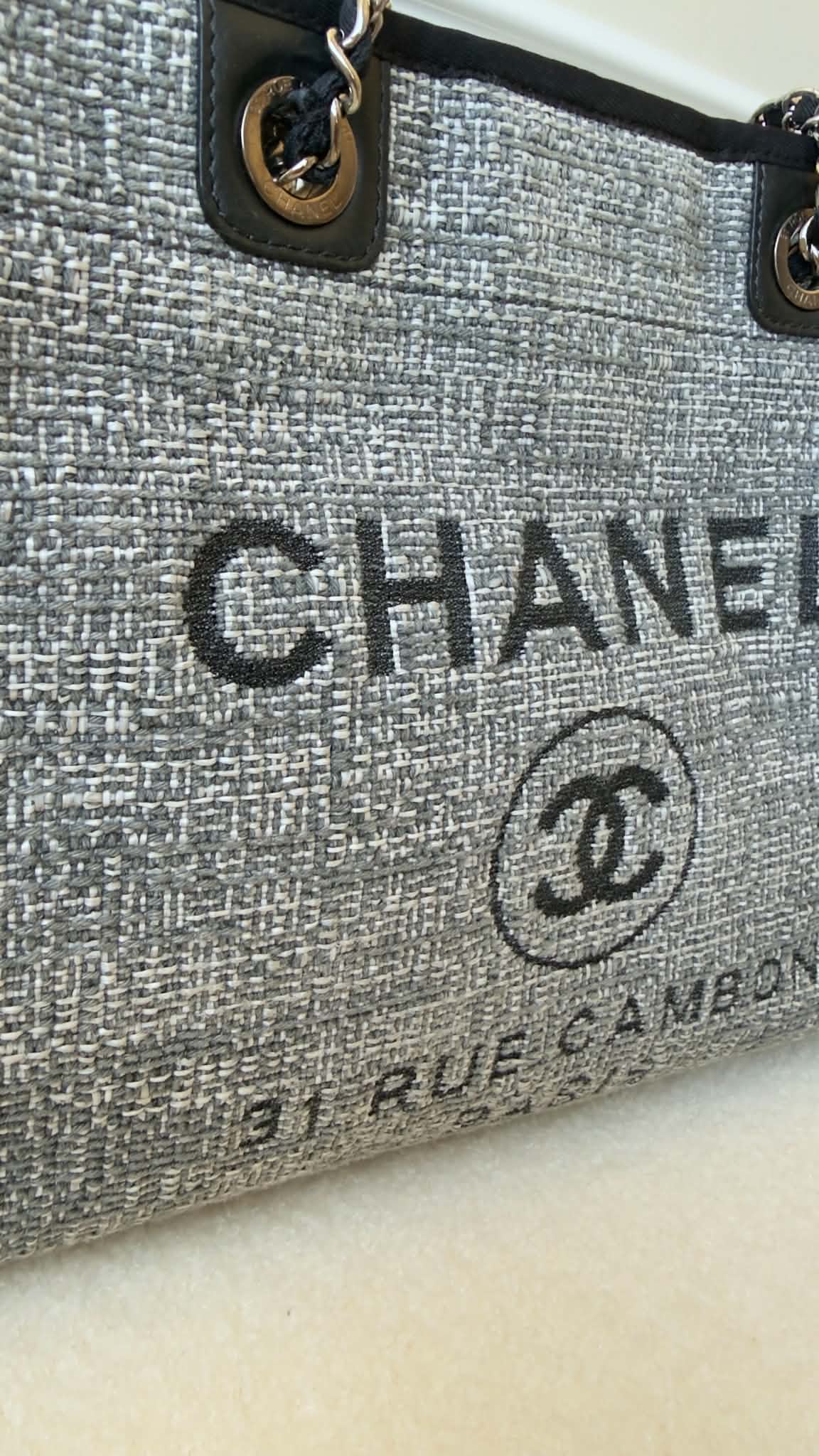 Chanel Woven Straw Raffia Small Deauville Tote Grey